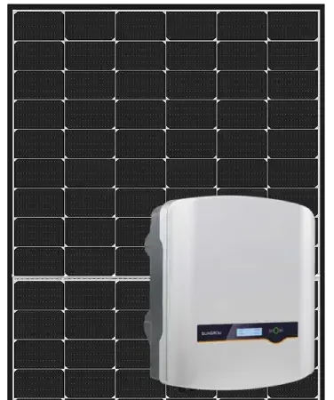 Solar panel with a white solar inverter mounted in front