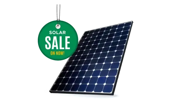 Solar panel with a green Solar Sale On Now tag